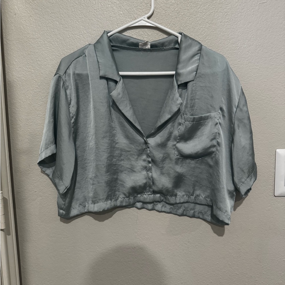 Garage Light Teal Satin Button-Up Crop Top